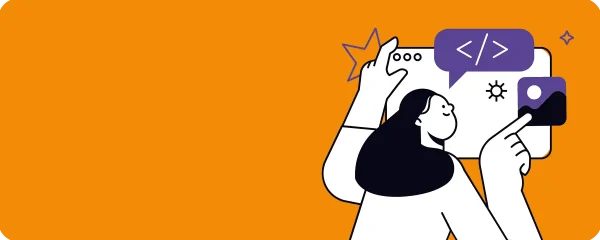 Ilustracija ženske, ki gleda na zaslon na katerem je del programske kode.