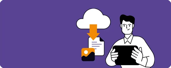 Ilustracija moškega, ki dela na tablici ob njem je pa prikazan koncept shranjevanja podatkov v oblak.
